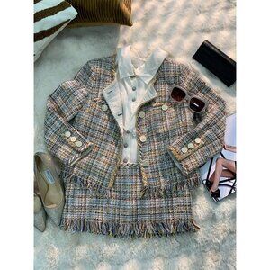 Chanel Multicolor Tweed Jacket With Fringe Hem & Button Details